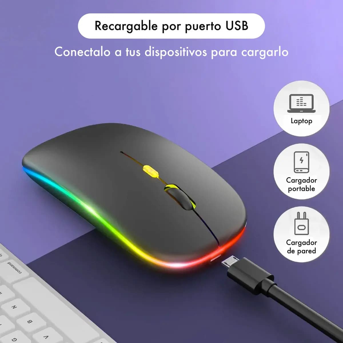 Mouse Inalámbrico GotWire RGB Bluetooth, USB Recargable, Negro, Silencioso