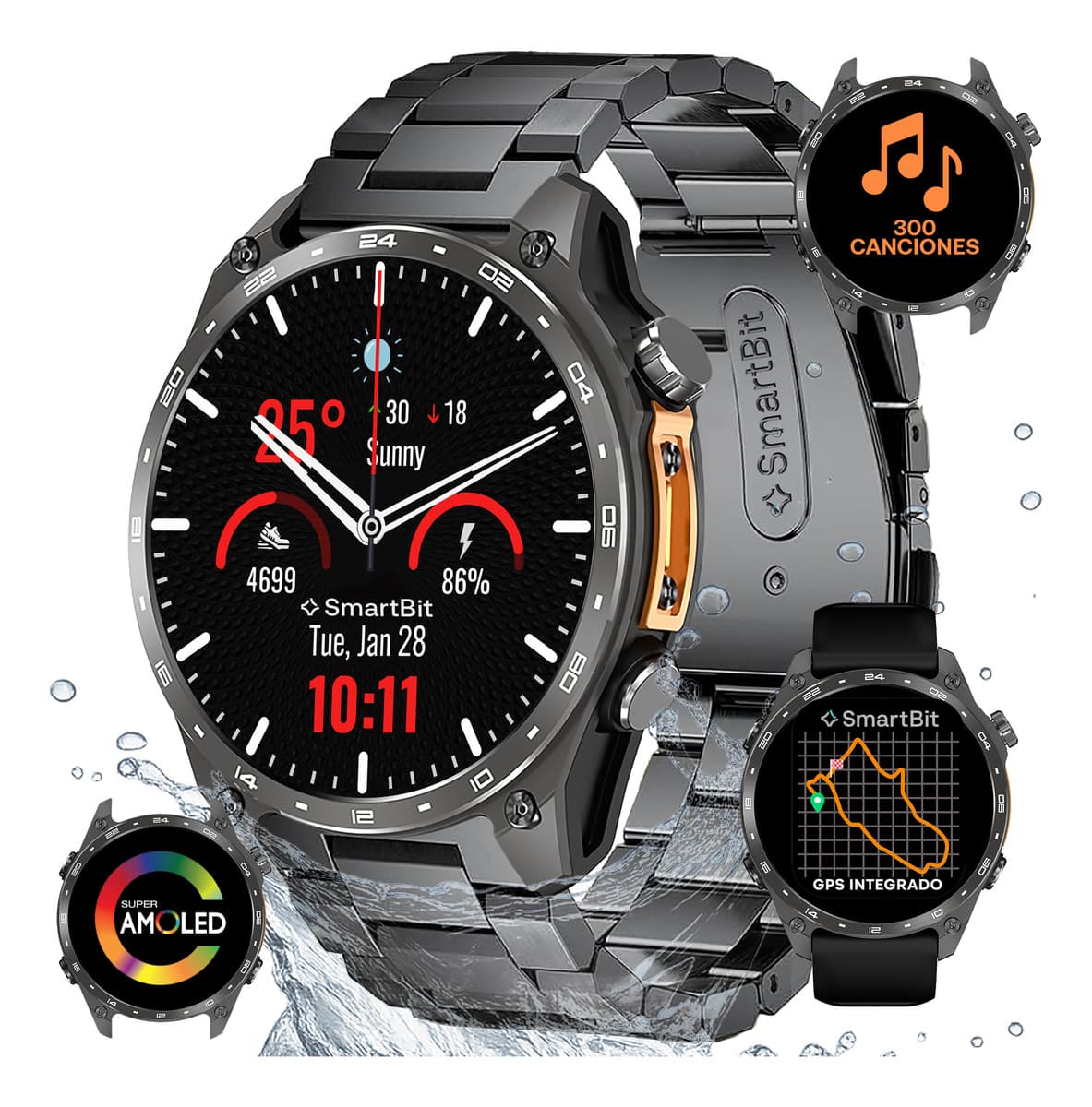 Reloj Inteligente Hombre Gps Integrado Smartbit Navigator Negro Musica Mp3 +300 Canciones Conexion A Auriculares Bluetooth Descarga de Mapa Sumergible 5 ATM Deportivo Presion Arterial Malla Extra